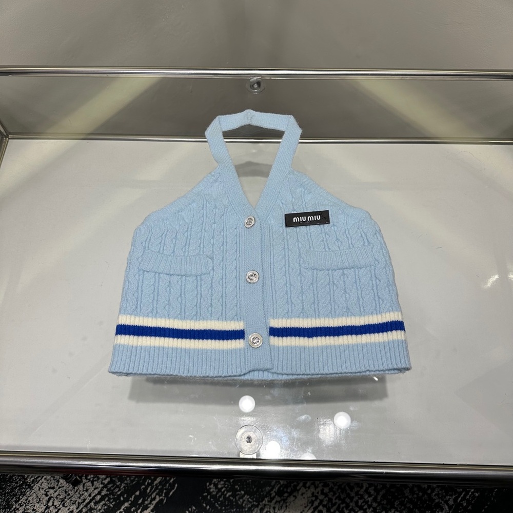 Miu Miu Light Blue Cable-Knit Halter Crop Top with Navy & White Stripes